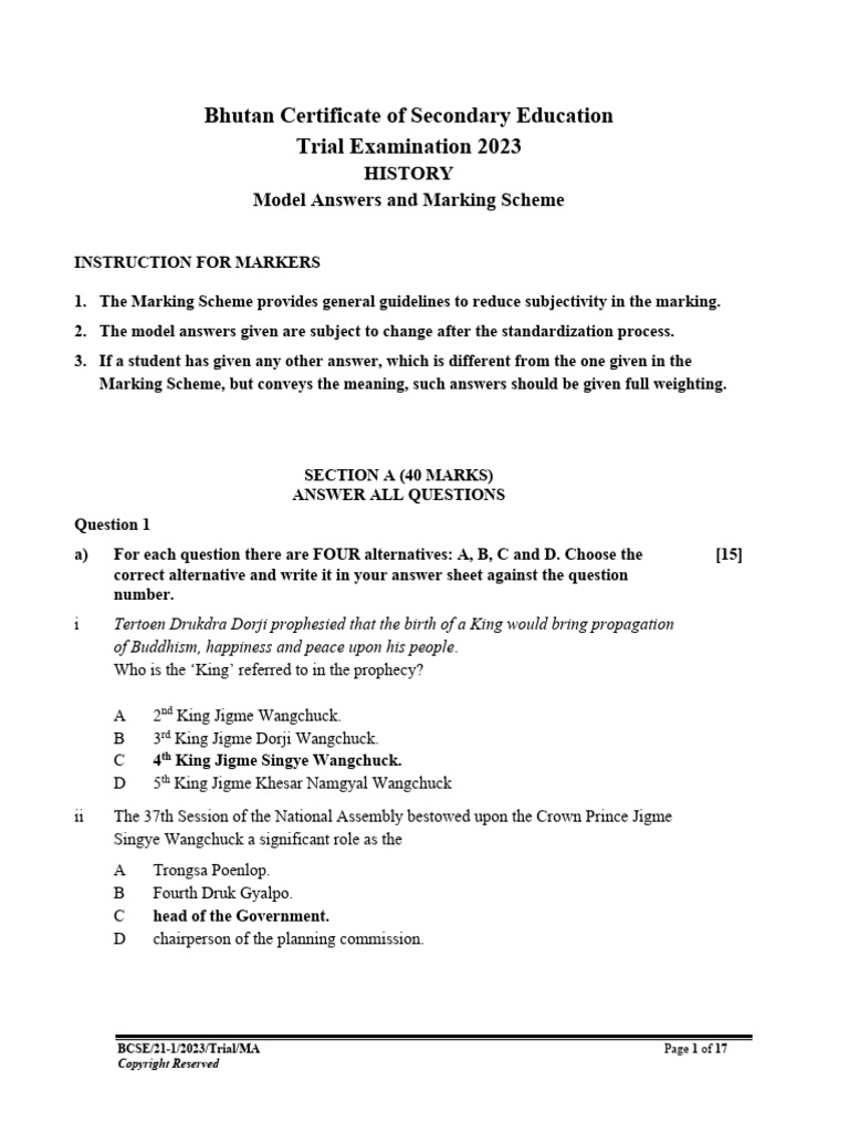 BCSE 2023 Trial Exam: History Paper | PDF | Bhutan