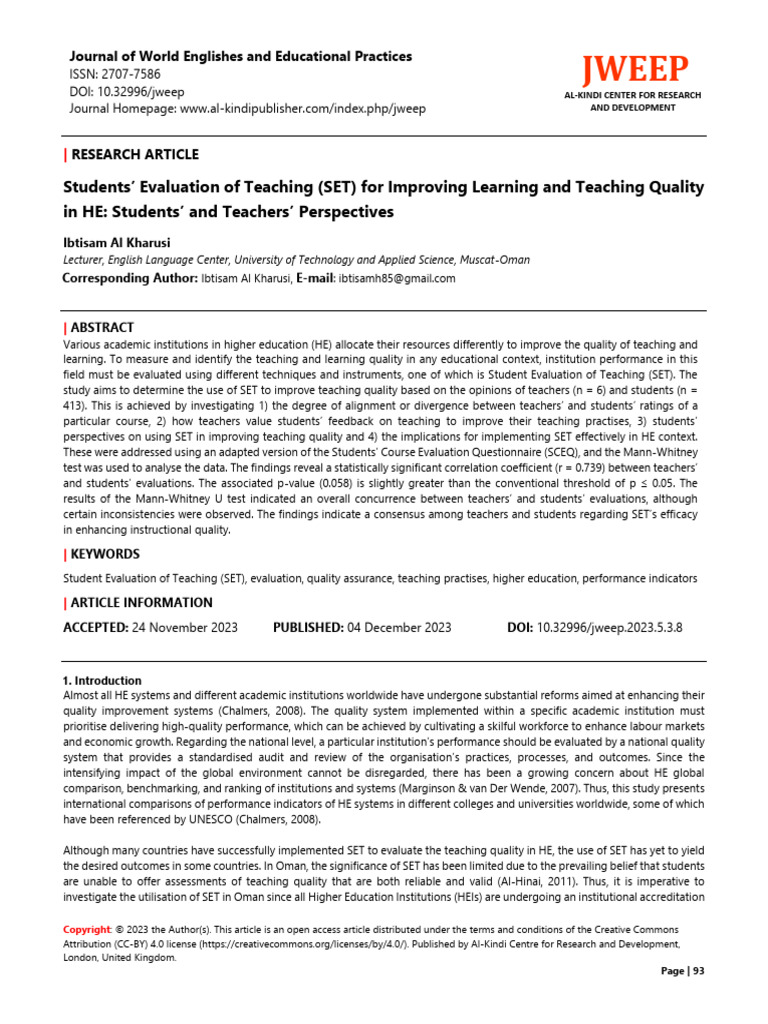 Students Evaluation of Teaching SET For Improving | PDF | Teachers ...