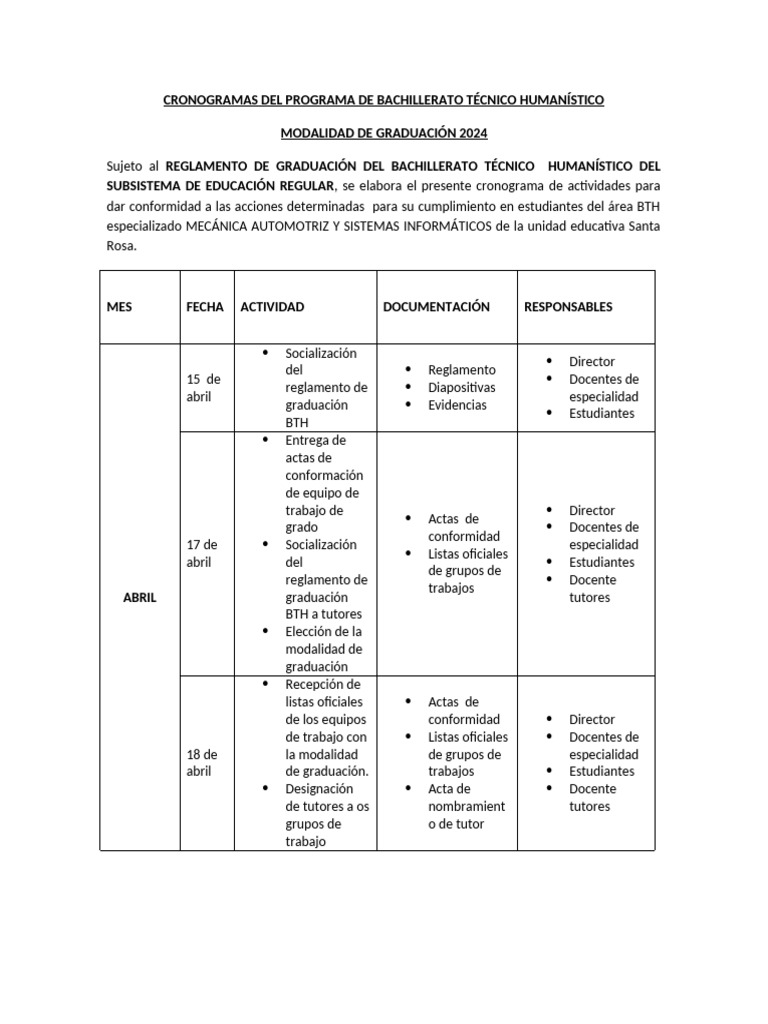 Cronogramas Del Programa de Bachillerato Técnico Humanístico-1 | PDF ...