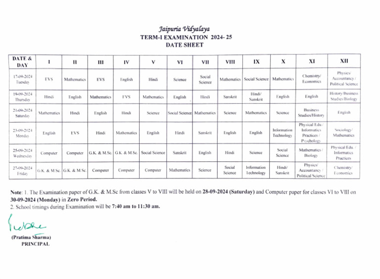 Term I Examination Date Sheet 2024 25 | PDF | Science