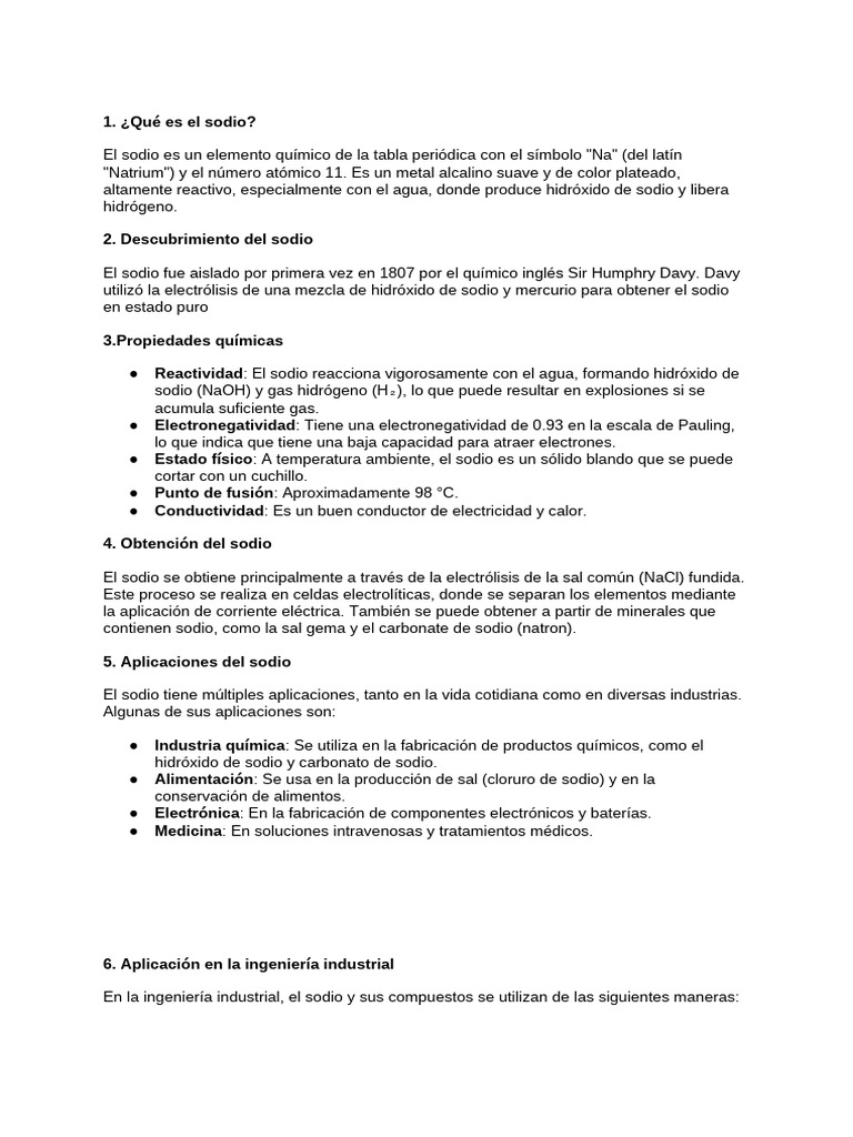 Propiedades y Usos del Sodio | PDF | Sodio | Hidróxido de sodio