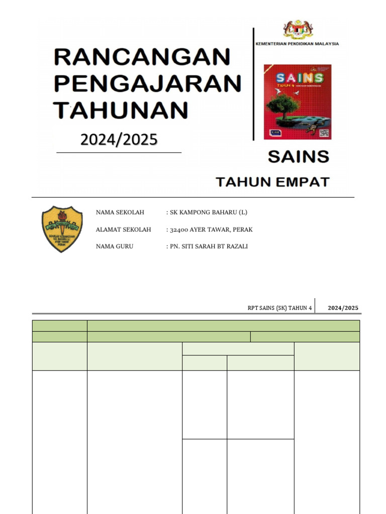 RPT Sains Tahun 4 SK Kampong Baharu | PDF