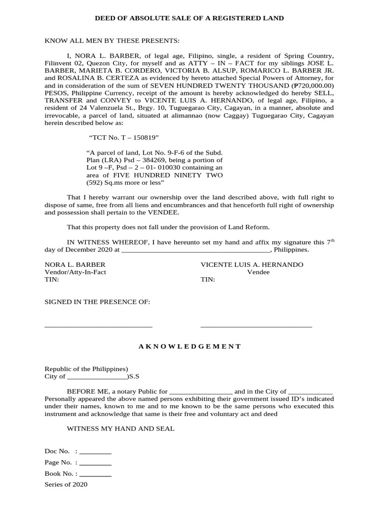 Deed of Absolute Sale of A Registered Land | PDF | Common Law | Civil ...