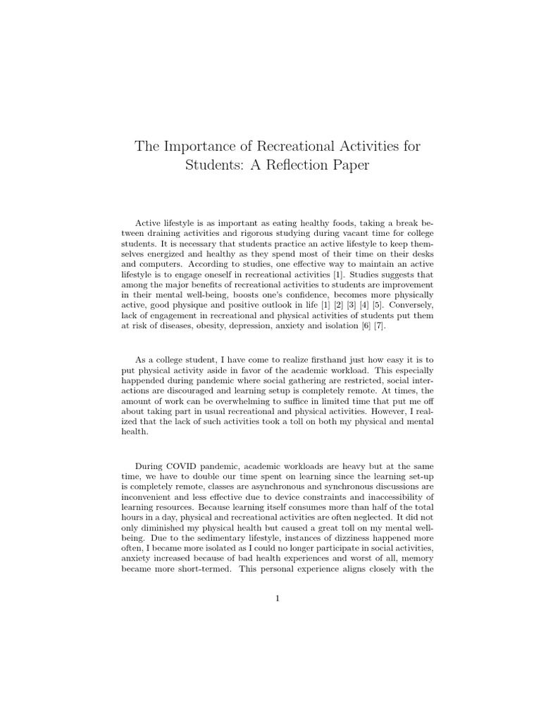 Effects of Recreational Activities Reflection Paper-3 | PDF | Obesity