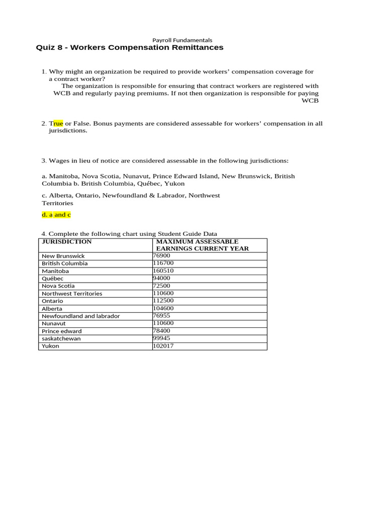 Payroll Quiz: Workers' Comp Essentials | PDF | Payroll | Employment