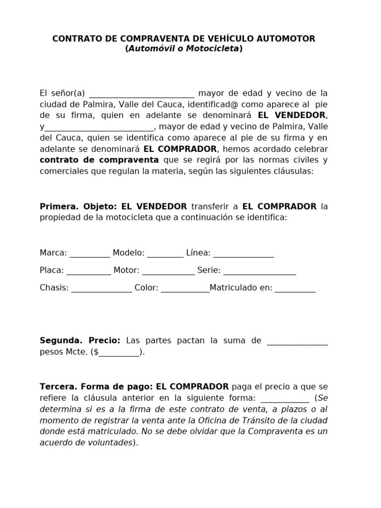 Contrato de Compra Venta de Vehículo - Contractual | PDF | Derecho ...