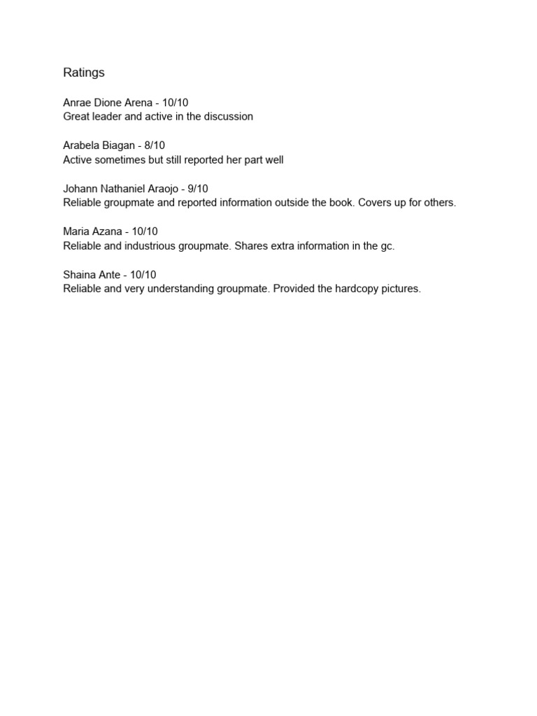 Groupmate Performance Ratings Summary | PDF