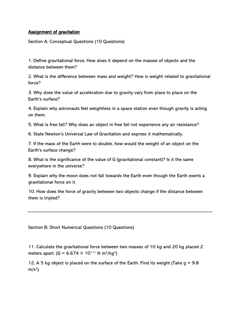 Class 9 Gravitation Assignment | PDF | Weight | Gravity