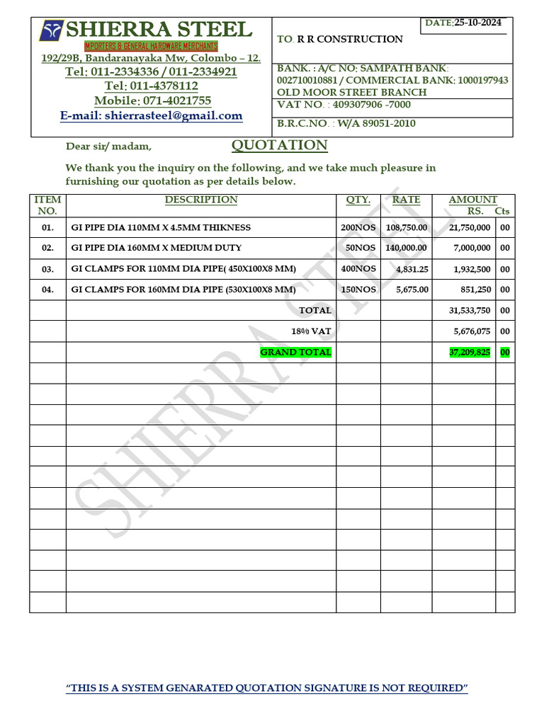 Iron Pipe Quotation for R R Construction | PDF | Technology & Engineering