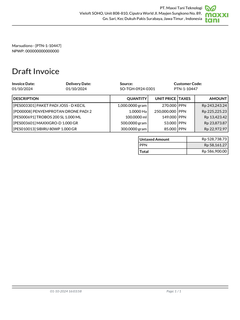 Draft Invoice for PT. Maxxi Tani | PDF
