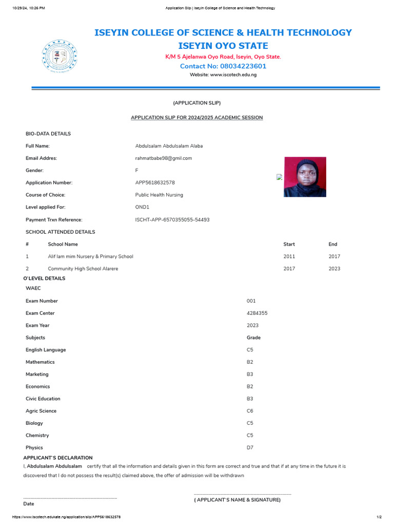 Iseyin College Application Slip | PDF | Science