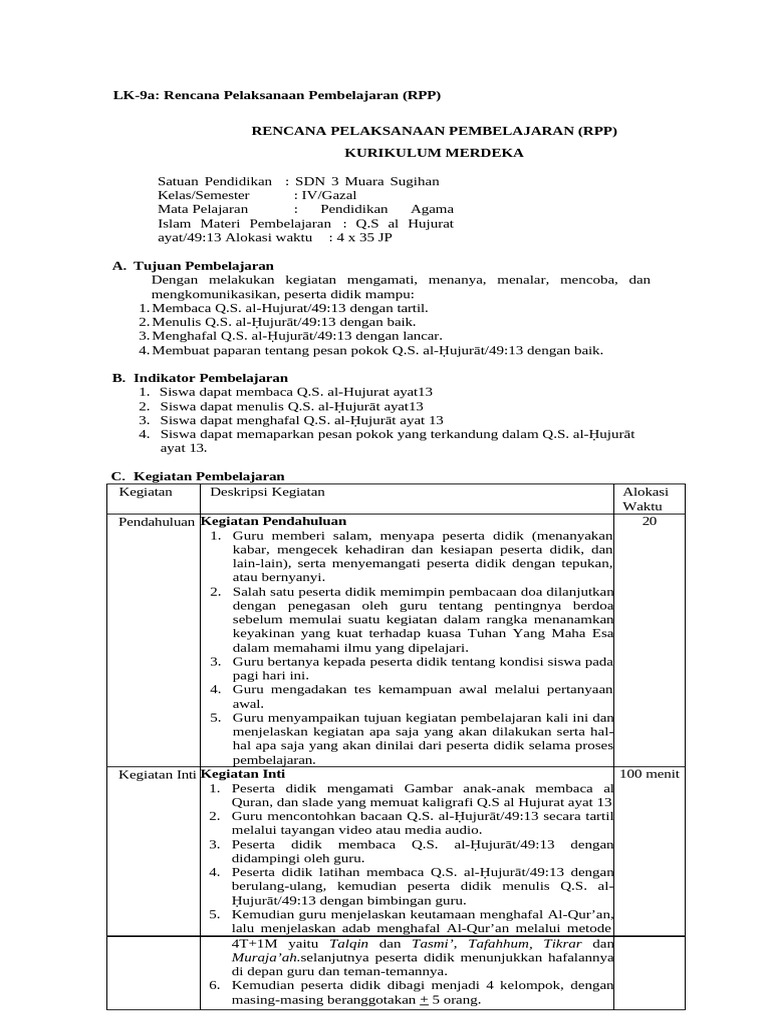 RPP Pembelajaran Q.S. al-Hujurat SD | PDF