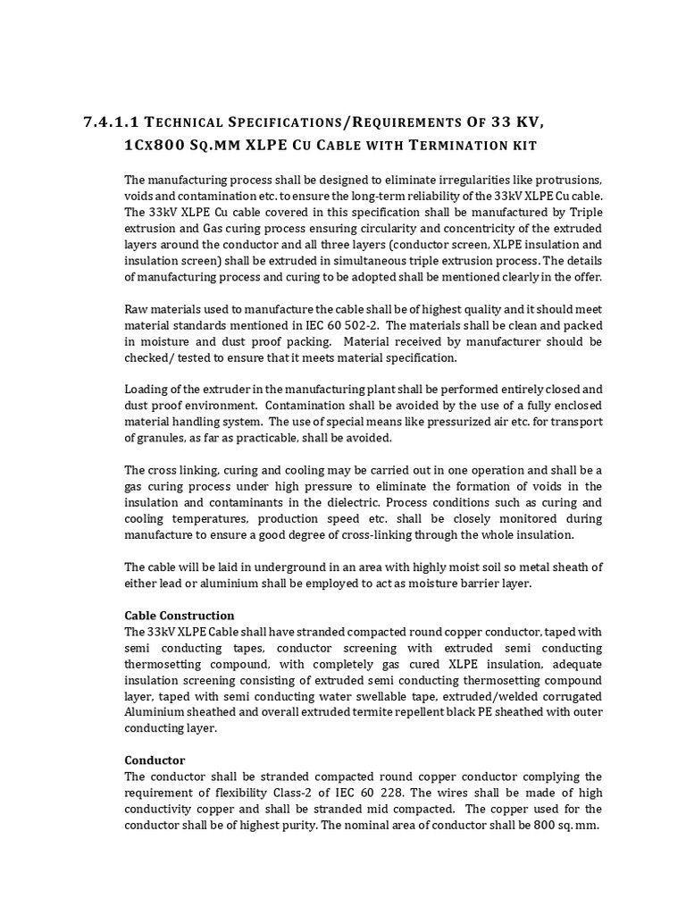33kV XLPE Copper Cable Specifications | PDF | Insulator (Electricity ...