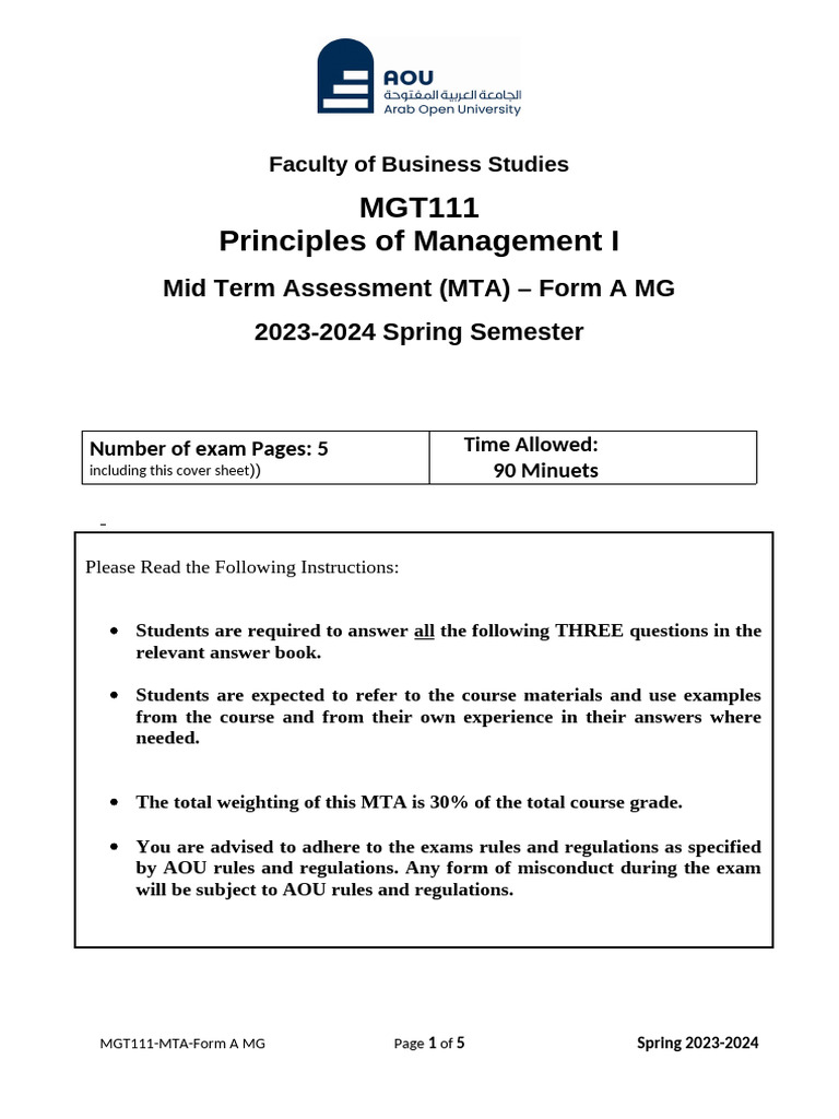 Mgt111 Mta Form A MG Spring 2023 2024 | PDF | Supply Chain | Demand