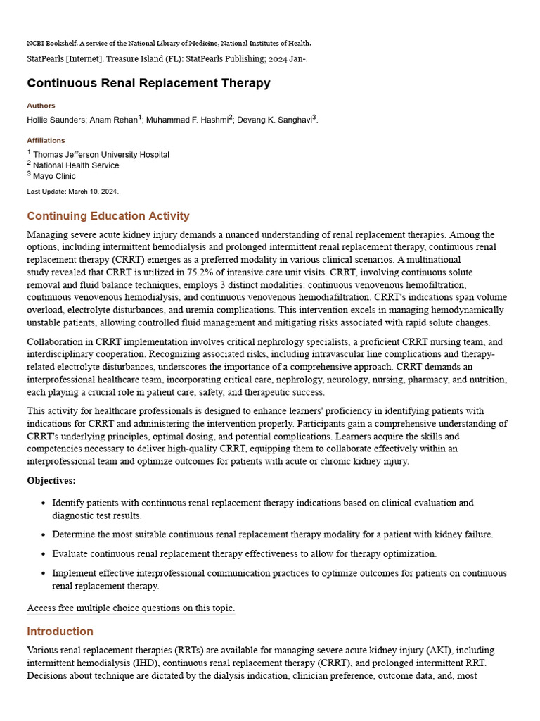 Continuous Renal Replacement Therapy - StatPearls | PDF | Vein ...