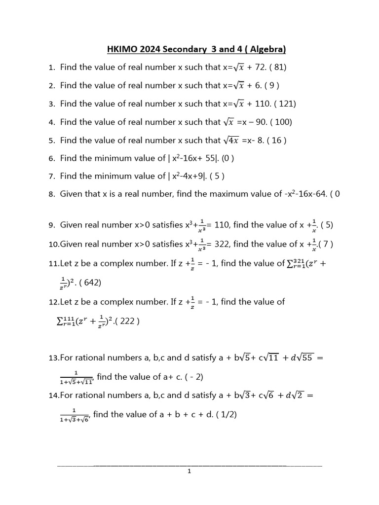 HKIMO 2024 Algebra Problems | PDF | Numbers | Real Number