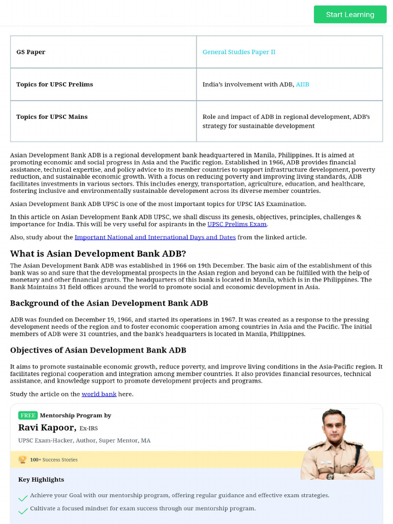 Asian Development Bank Adb Aims Members Roles Upsc Notes Pdf