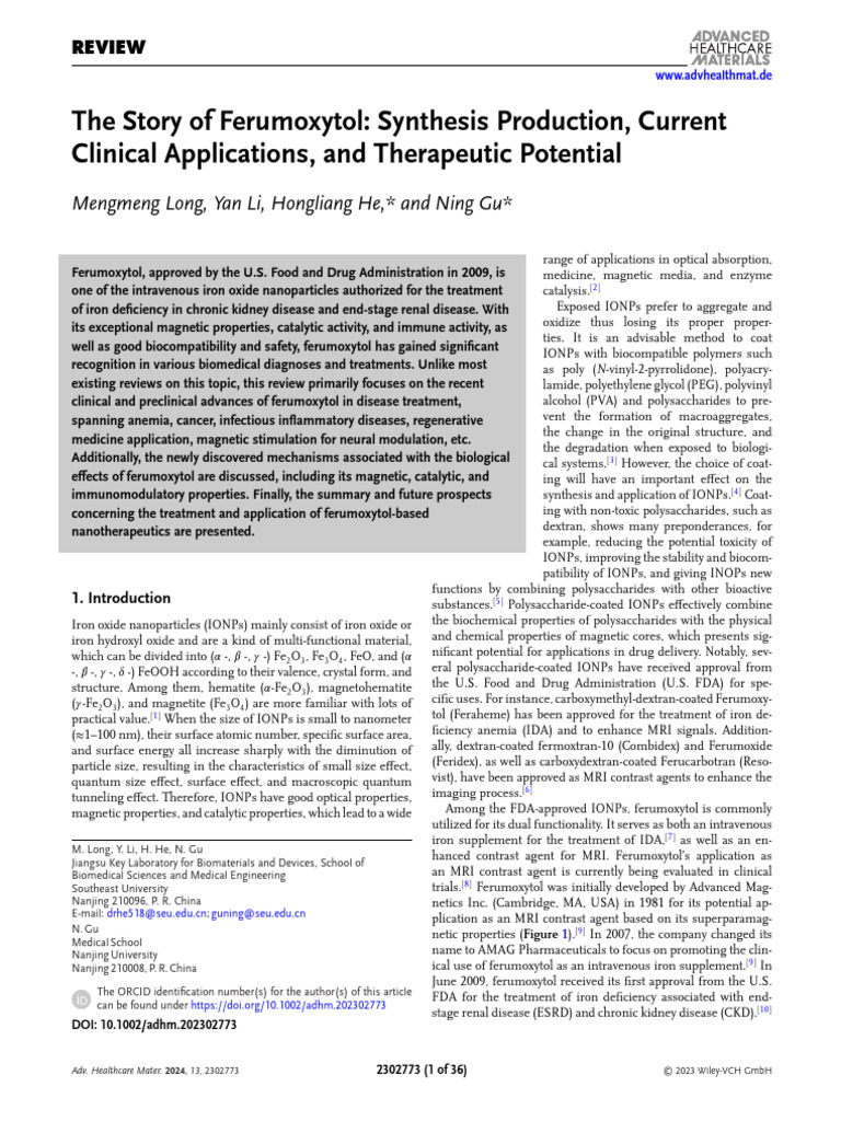 Ferumoxytol: Clinical Uses & Advances | PDF