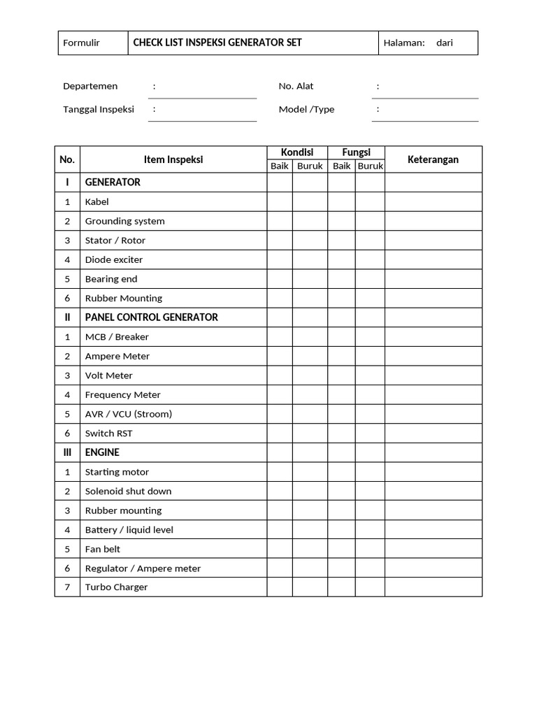 Generator Set Inspection Checklist | PDF
