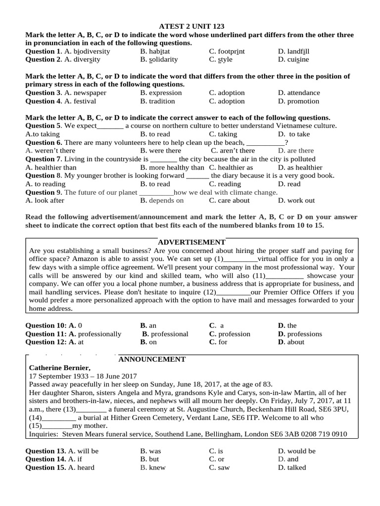 HS Test 2 Unit 123 | PDF | Vietnam | China