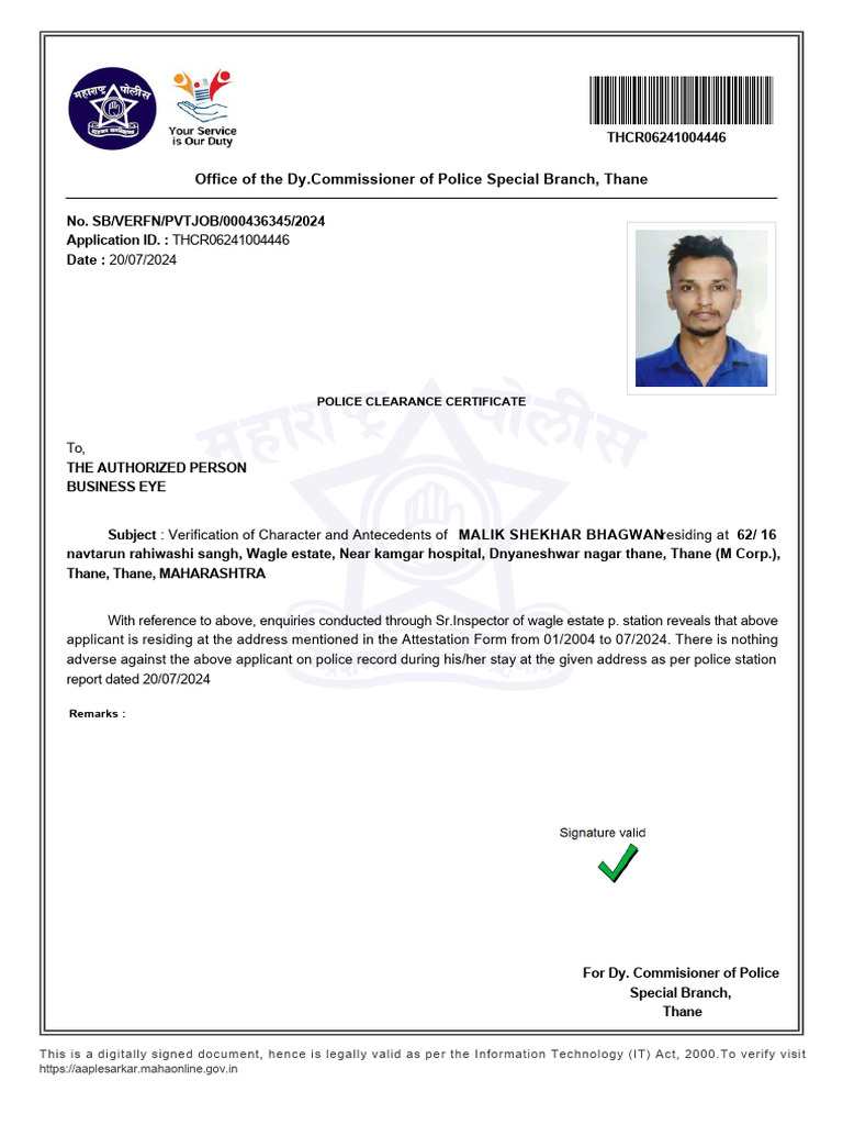 Police Clearance Certificate Thane | PDF