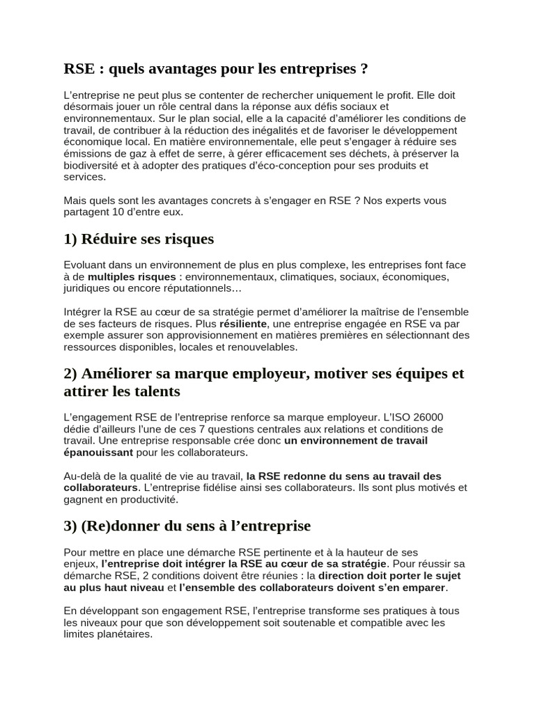 Avantages de la RSE pour les entreprises | PDF | Responsabilité ...