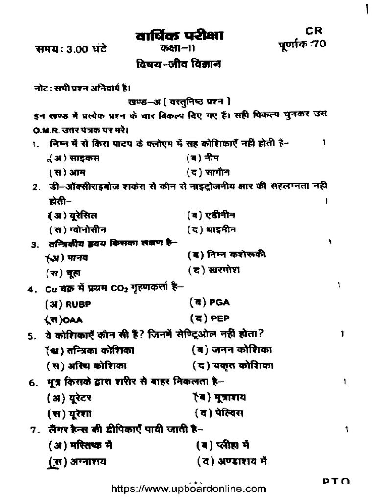 Up Board Class 11 Biology 110724 2024 Pdf