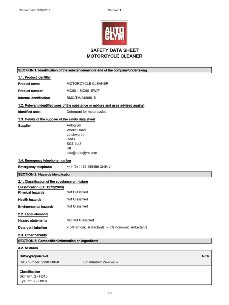 Motorcycle Cleaner Safety Data Sheet | PDF | Hazards | Labor Relations