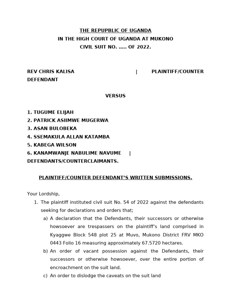 Uganda High Court Land Dispute Case | PDF | Burden Of Proof (Law) | Lawsuit