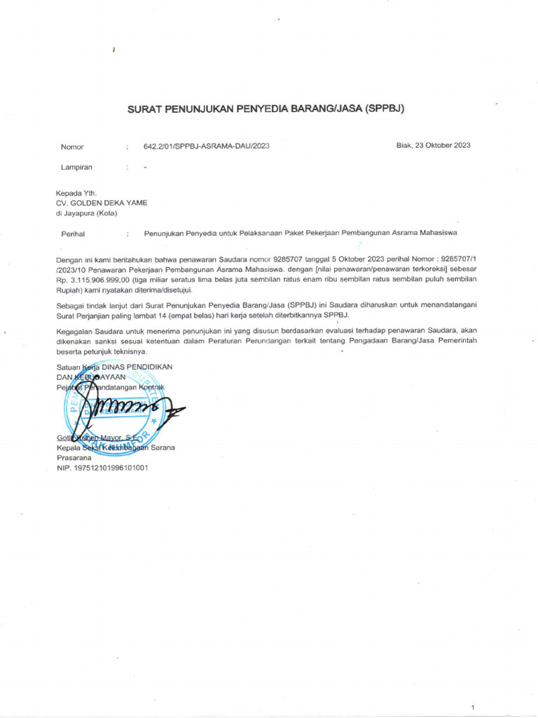 Surat Penunjukan Penyedia Barang Atau Jasa (SPPBJ) | PDF