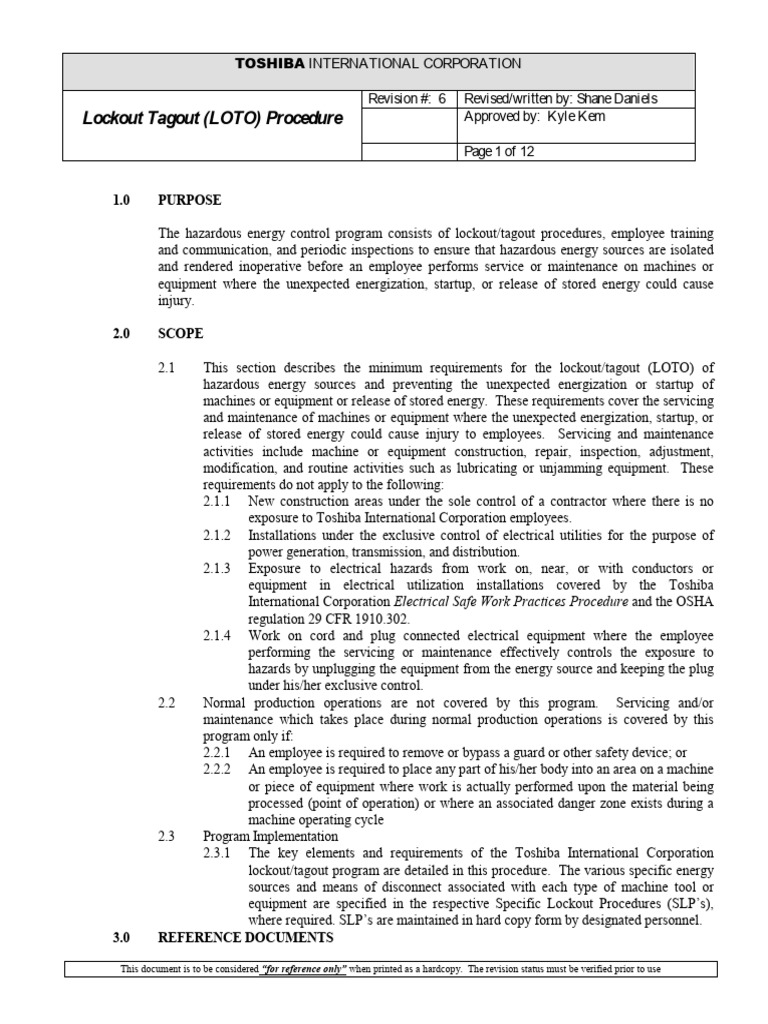 Lockout Tagout Procedure | PDF