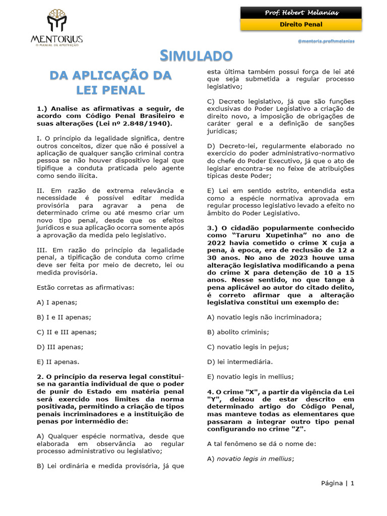 Simulado - Aplicaã Ã o Da Lei Penal | PDF | Crimes | Crime e Violência