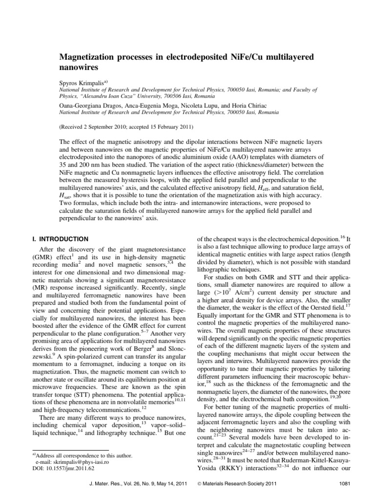 Magnetization Processes in Electrodeposited NiFe-Cu Multilayered | PDF ...