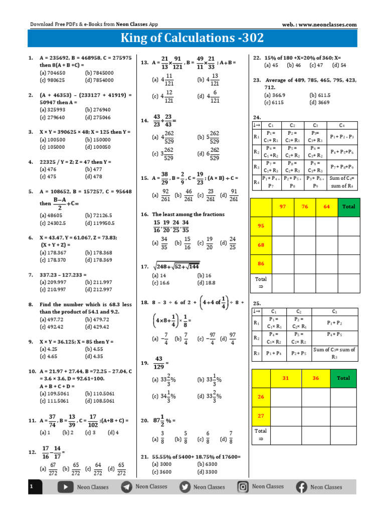 King of Calculations Sheet - 302 | PDF | Teaching Methods & Materials