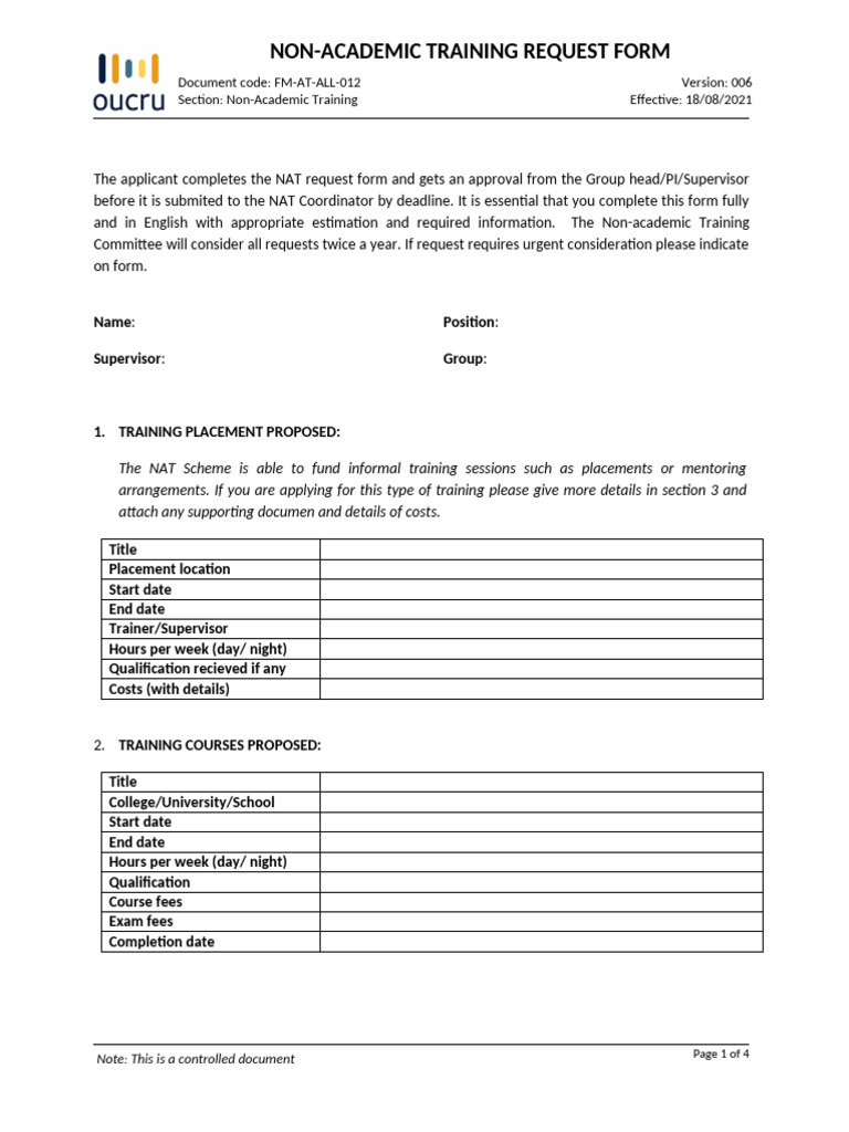 FM-AT-ALL-012 Non-Academic Training Request Form V6 2021 | PDF