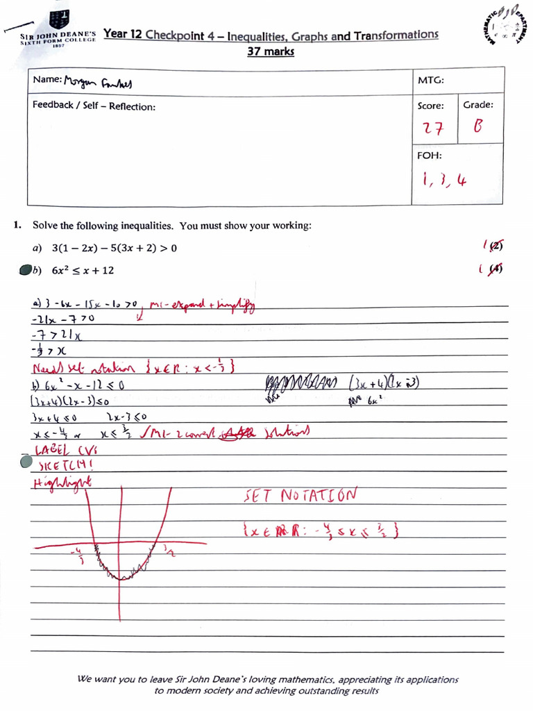 Year 12 Inequalities and Graphs Exam | PDF | Mathematics | Mathematical ...