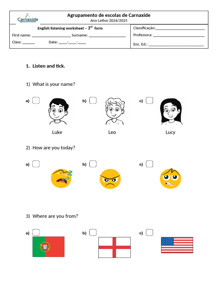 Listening Worksheet 3rd Grade | PDF