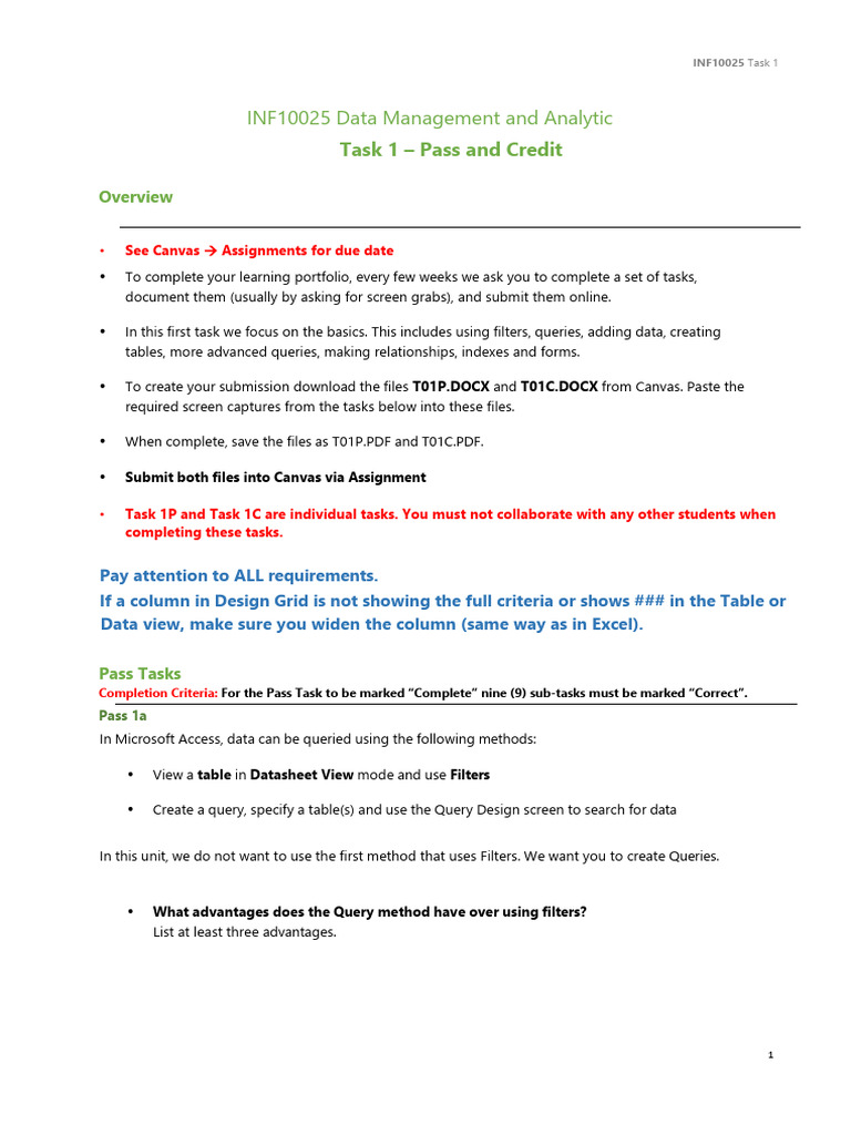 INF10025 Data Management Task 1 Guide | PDF | Microsoft Access | Databases