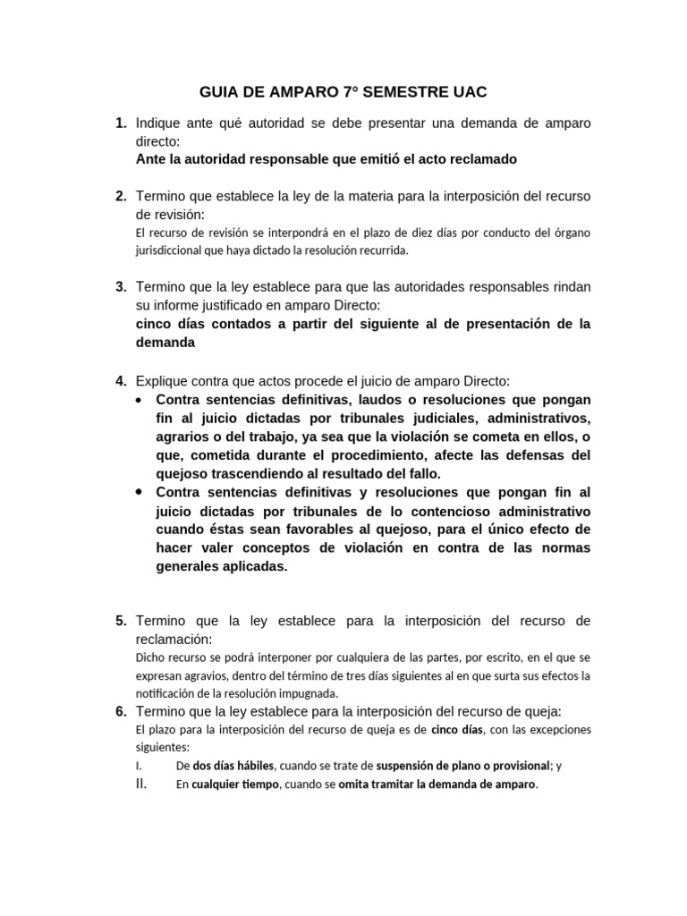 Guía de Amparo Directo UAC 7° Semestre | PDF | Caso de ley | Demanda ...