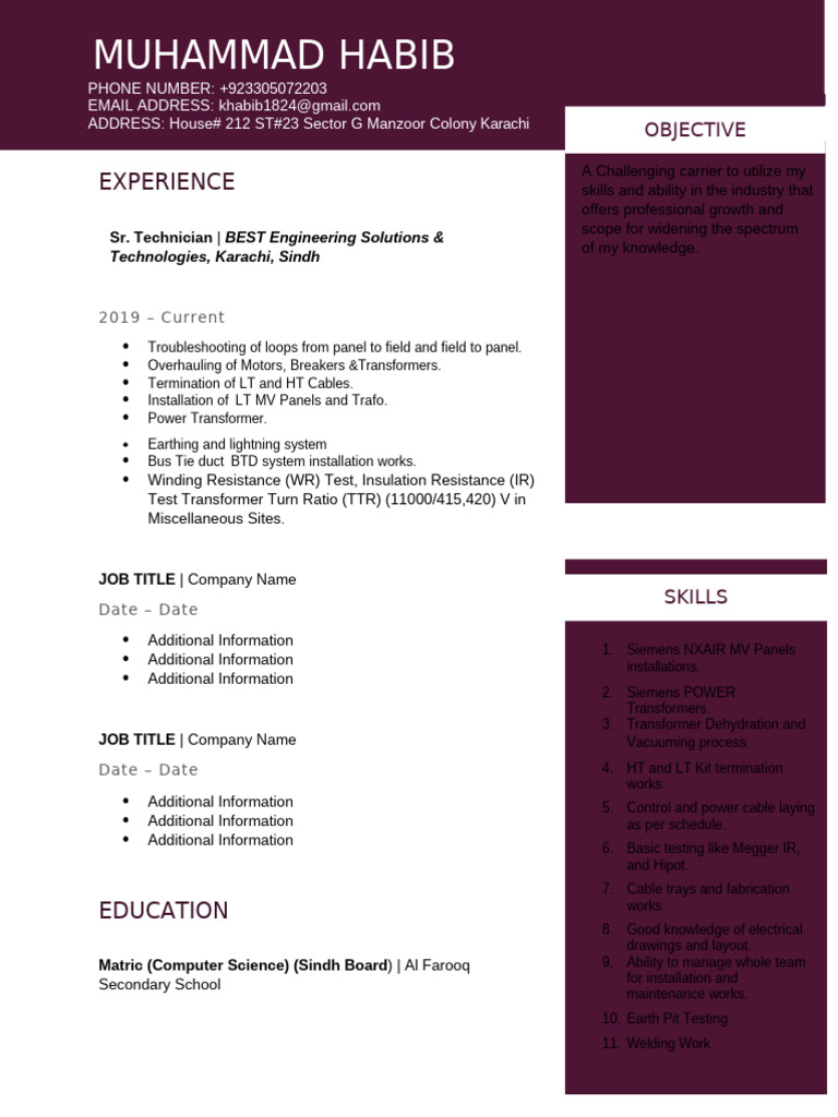 Resume Template for Technicians | PDF | Transformer | Equipment