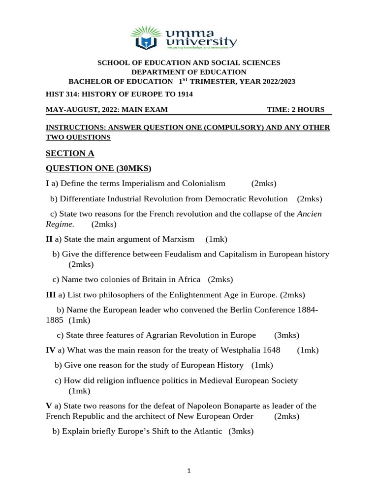 European History Exam Questions 2022 | PDF | Europe | History Of Europe