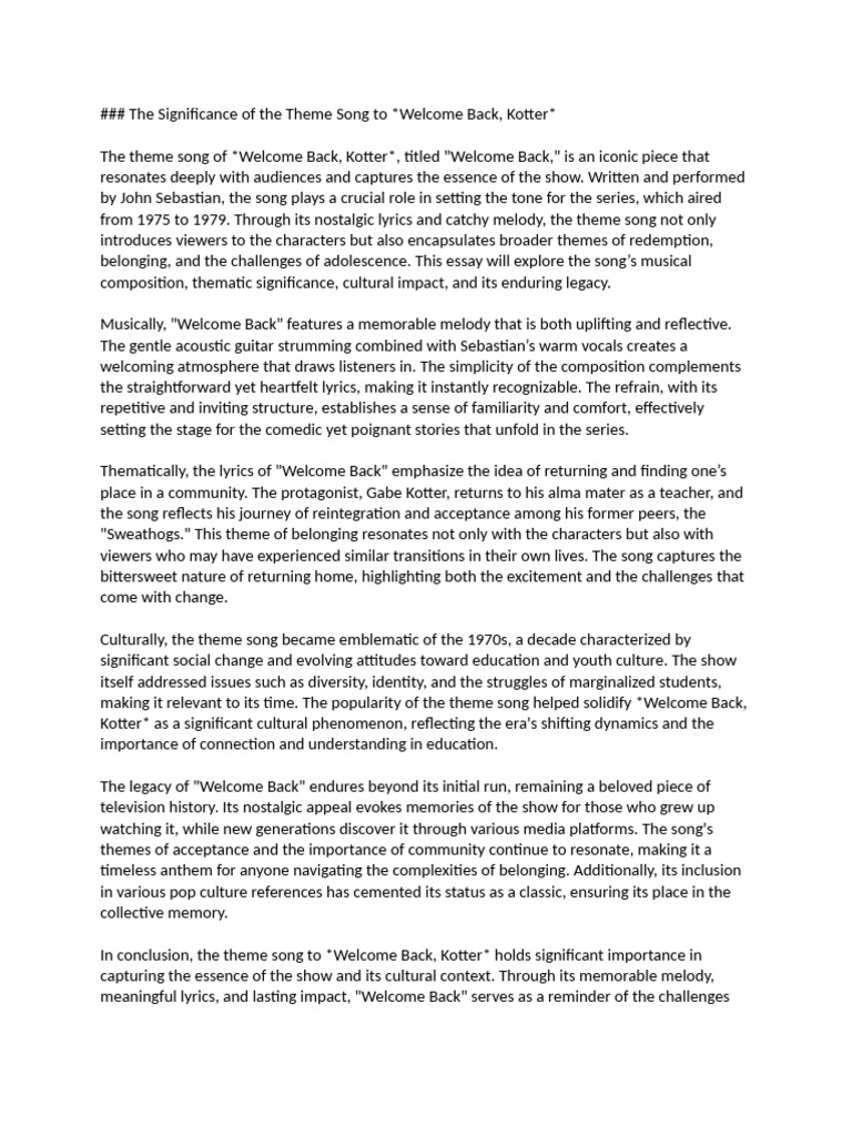 The Significance Of The Theme Song To Welcome Back Kotter Pdf Nostalgia