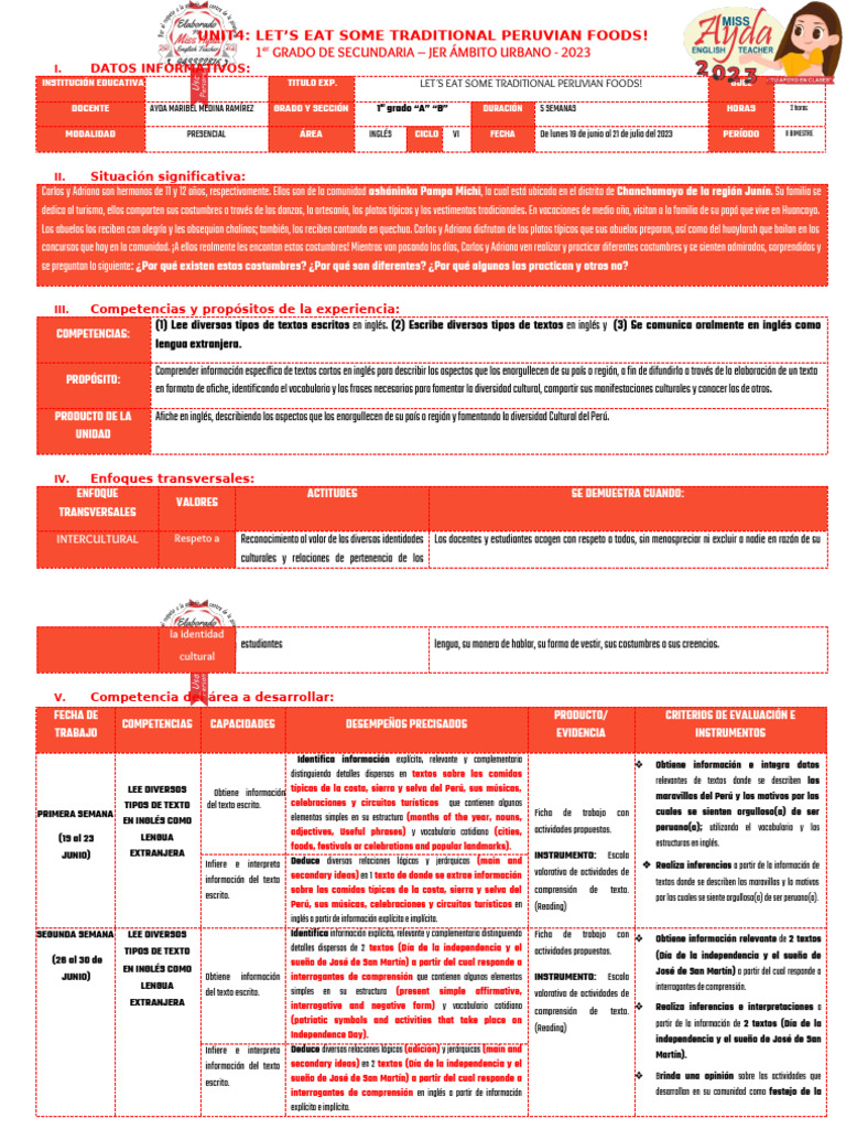 Unit4 - Let's Eat Some Traditional Peruvian Foods! - 1° | PDF ...