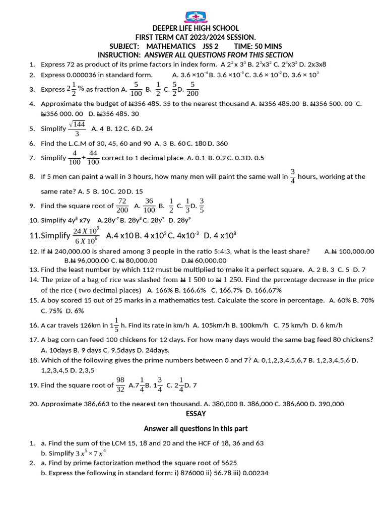 JSS2 First Term Mathematics Exam 2023 | PDF | Percentage | Square Root