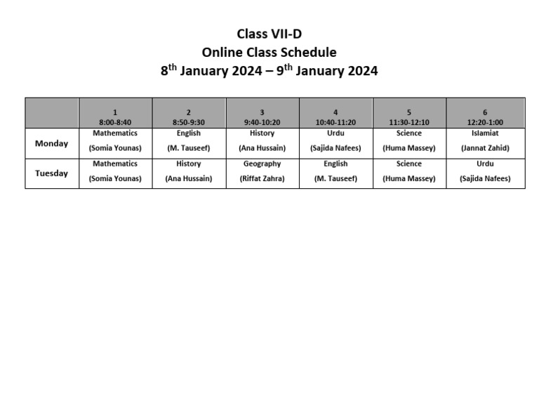 Online Class Schedule Jan Class 7-D | PDF