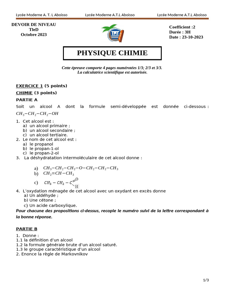Devoir de niveau en chimie et physique 2023 | PDF | Coordonnées ...