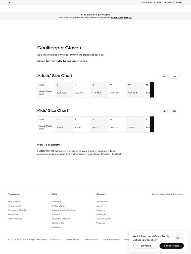 Adult and Kids' Goalkeeper Gloves Size Chart. Nike SK PDF