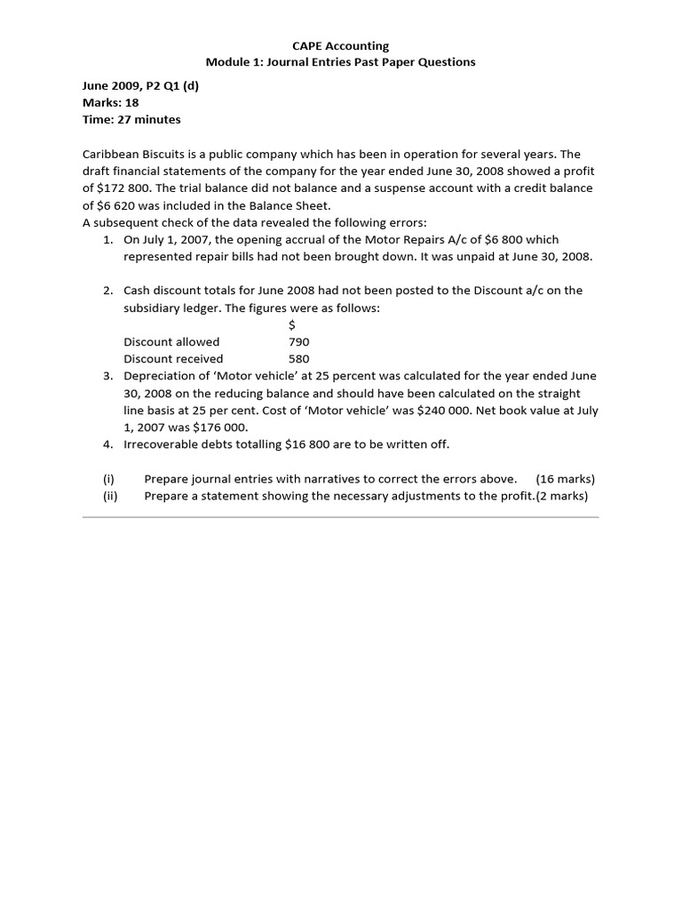 CAPE Accounting Journal Entries Guide | PDF | Debits And Credits ...