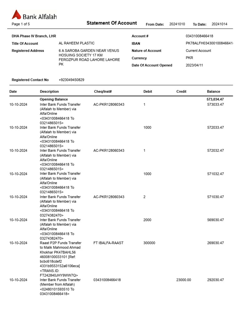 Al Raheem Plastic Account Statement | PDF | Banks | Cheque