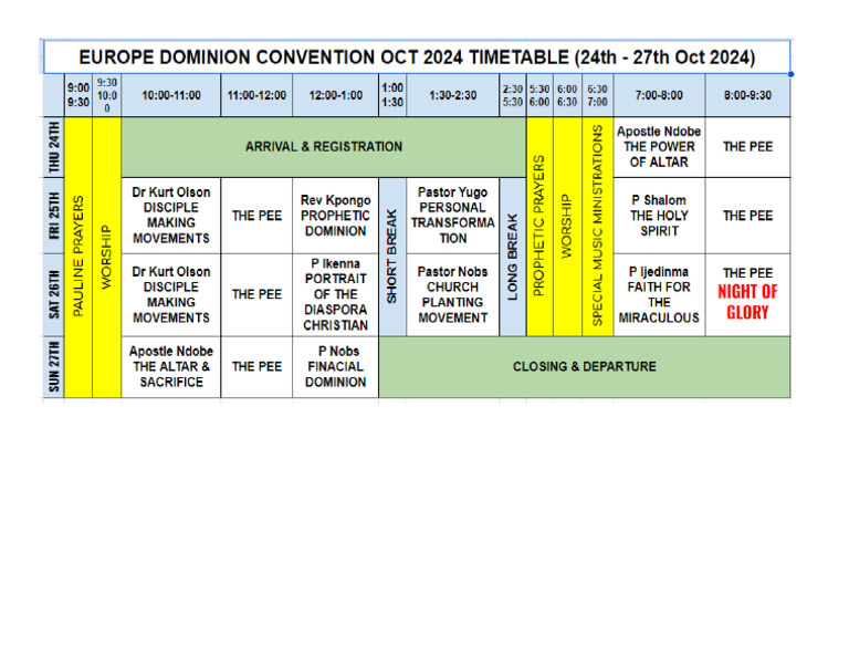 Europe Dominion Convention Timetable | PDF